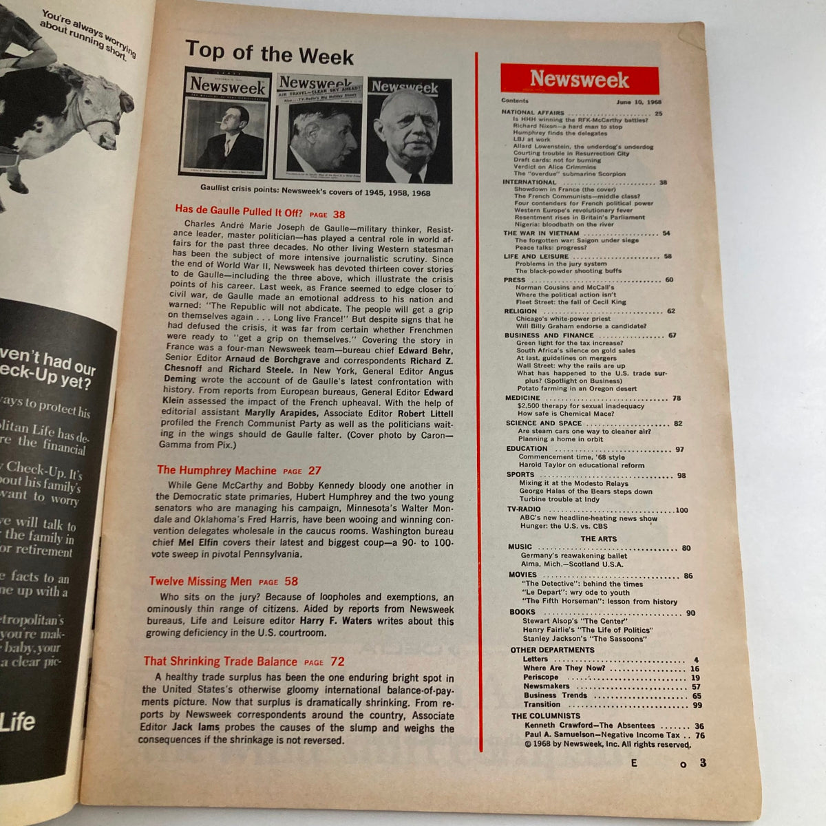 Inside page of VTG Newsweek Magazine June 10 1968 showcasing contents and articles related to President Charles De Gaulle.