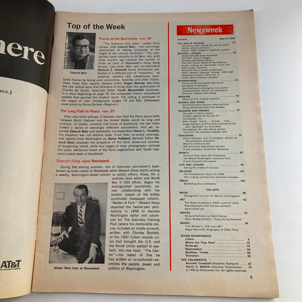 Inside page of VTG Newsweek Magazine May 27 1968 showcasing 'Top of the Week' articles including topics on the French protests.