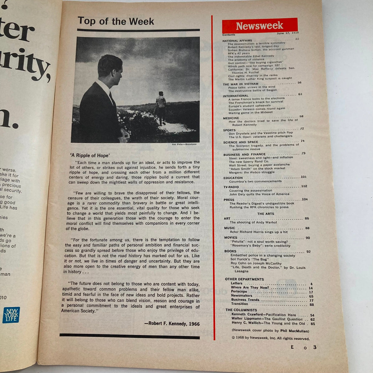 Inside page of VTG Newsweek Magazine June 17, 1968, titled 'Top of the Week,' featuring a quote from Robert F. Kennedy.