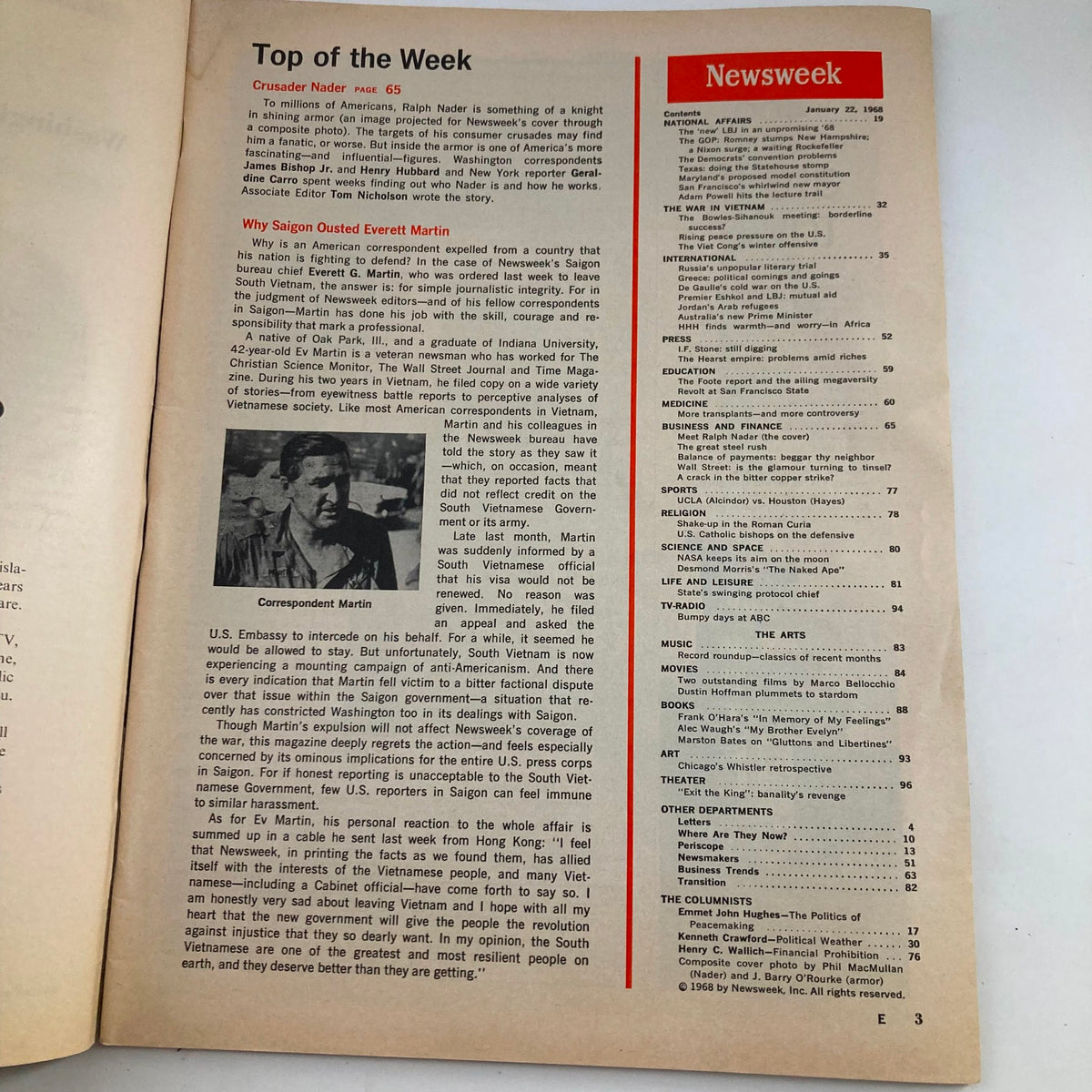 Inside page of VTG Newsweek Magazine January 22 1968 showcasing the article on Ralph Nader, highlighting his impact on consumer rights and legislation.