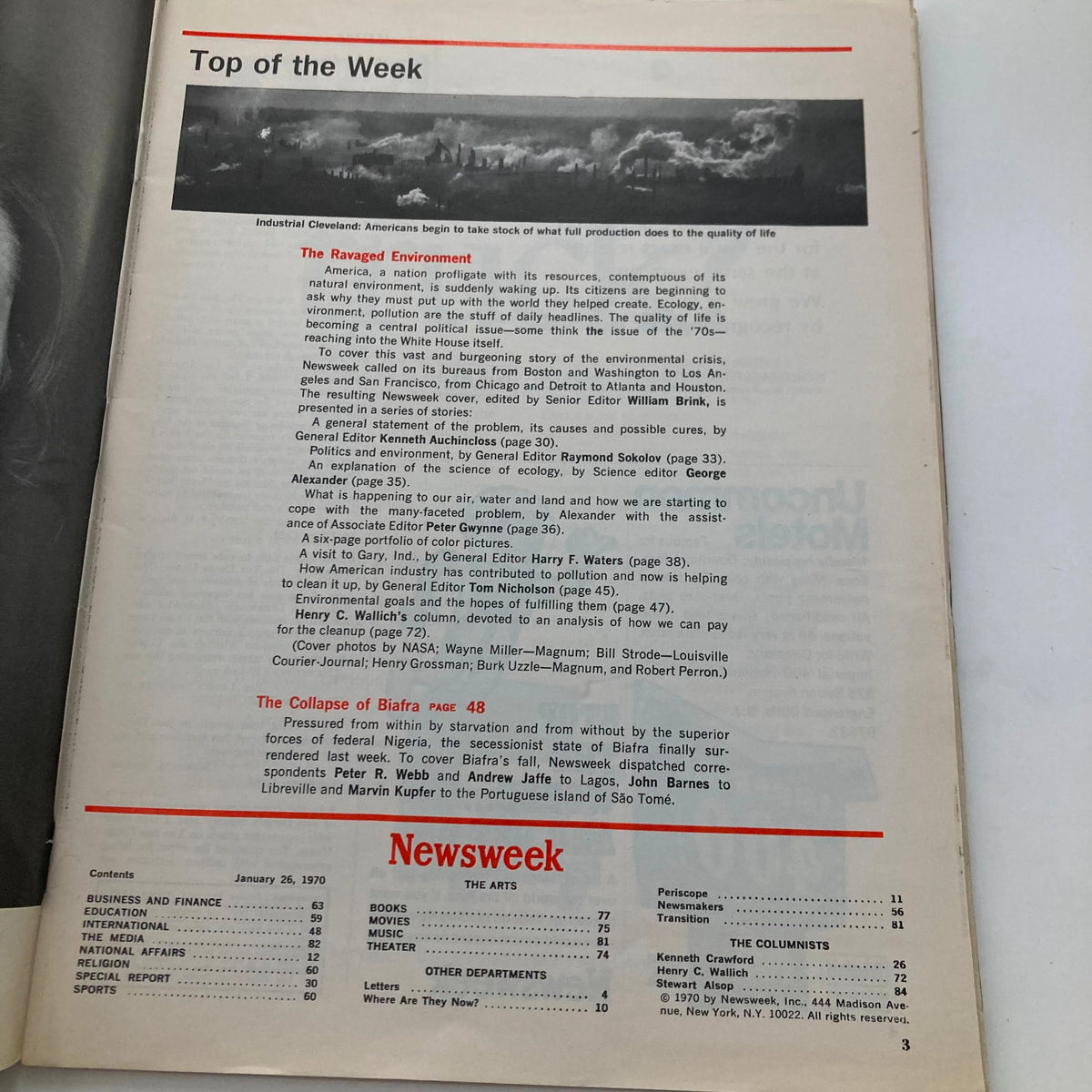 Inside page of VTG Newsweek Magazine January 26 1970 featuring article 'The Ravaged Environment' and table of contents.