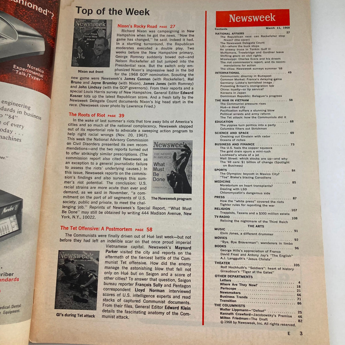 Interior page of the vintage Newsweek magazine from March 11, 1968, showing the table of contents and sections including articles on Richard Nixon's political journey during that transformative time.