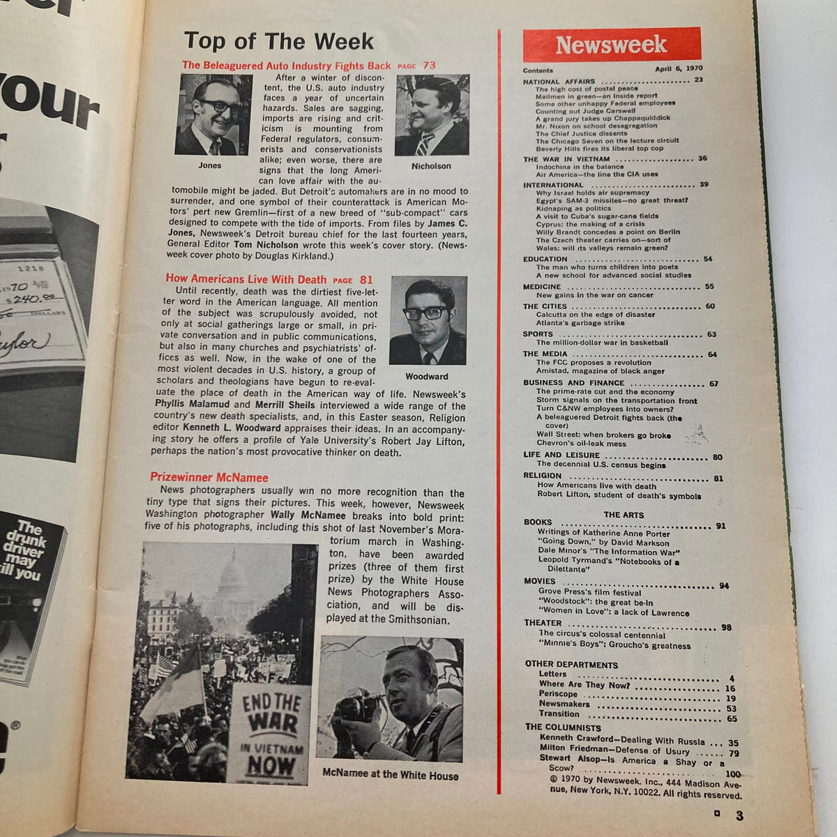Page from VTG Newsweek Magazine April 6, 1970, highlighting articles including 'The Belaguered Auto Industry Fights Back' and 'How Americans Live With Death'.