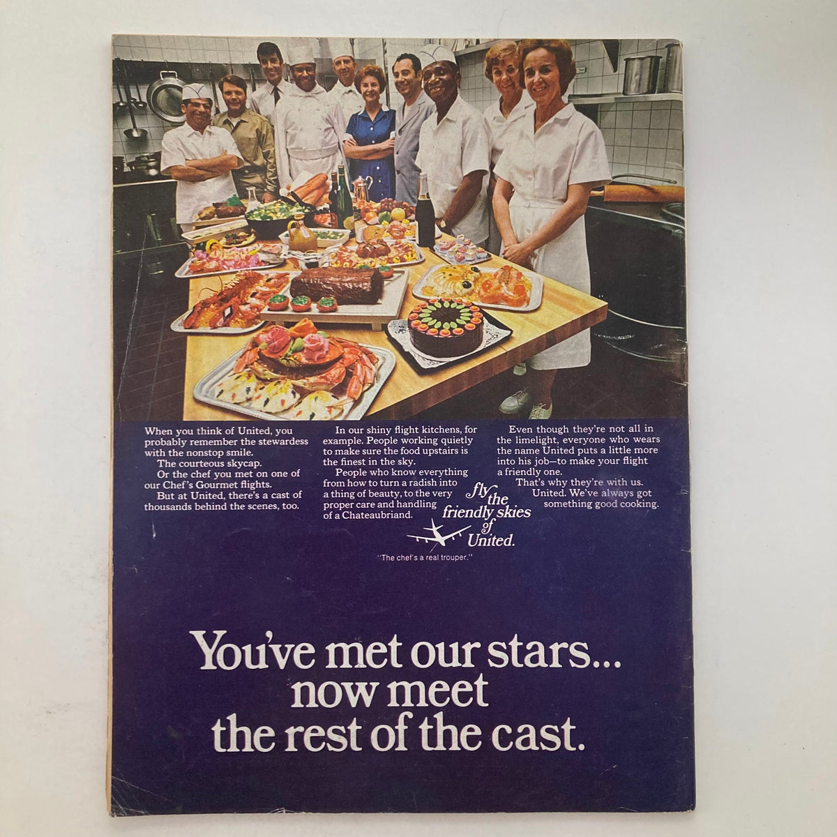 Back cover of Vintage Newsweek Magazine dated April 13, 1970, featuring an advertisement for United Airlines, highlighting their staff and services in a professional kitchen setting.