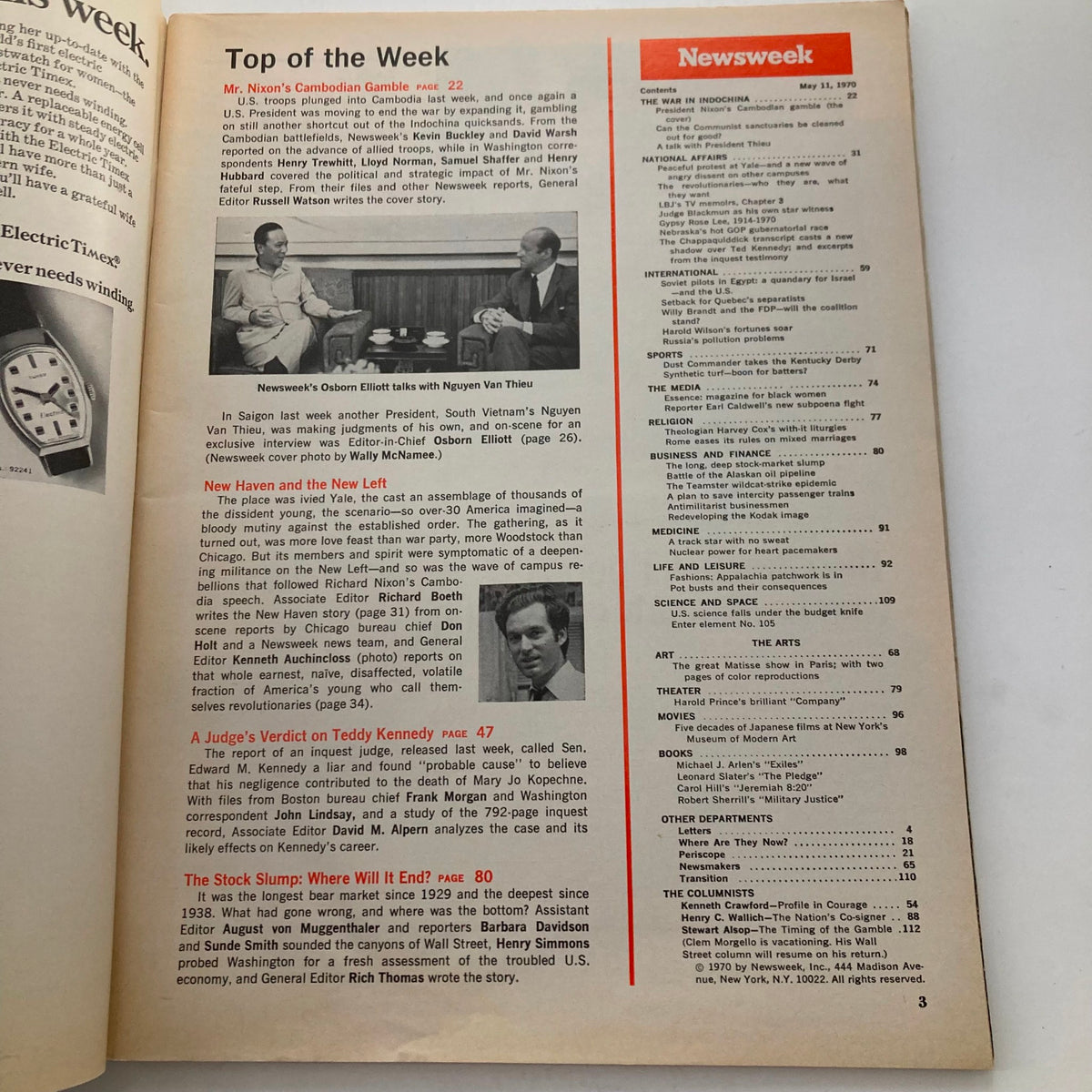 Page from VTG Newsweek Magazine May 11 1970, detailing the content overview including the article on Nixon's Cambodian Gamble and other significant topics of the era.