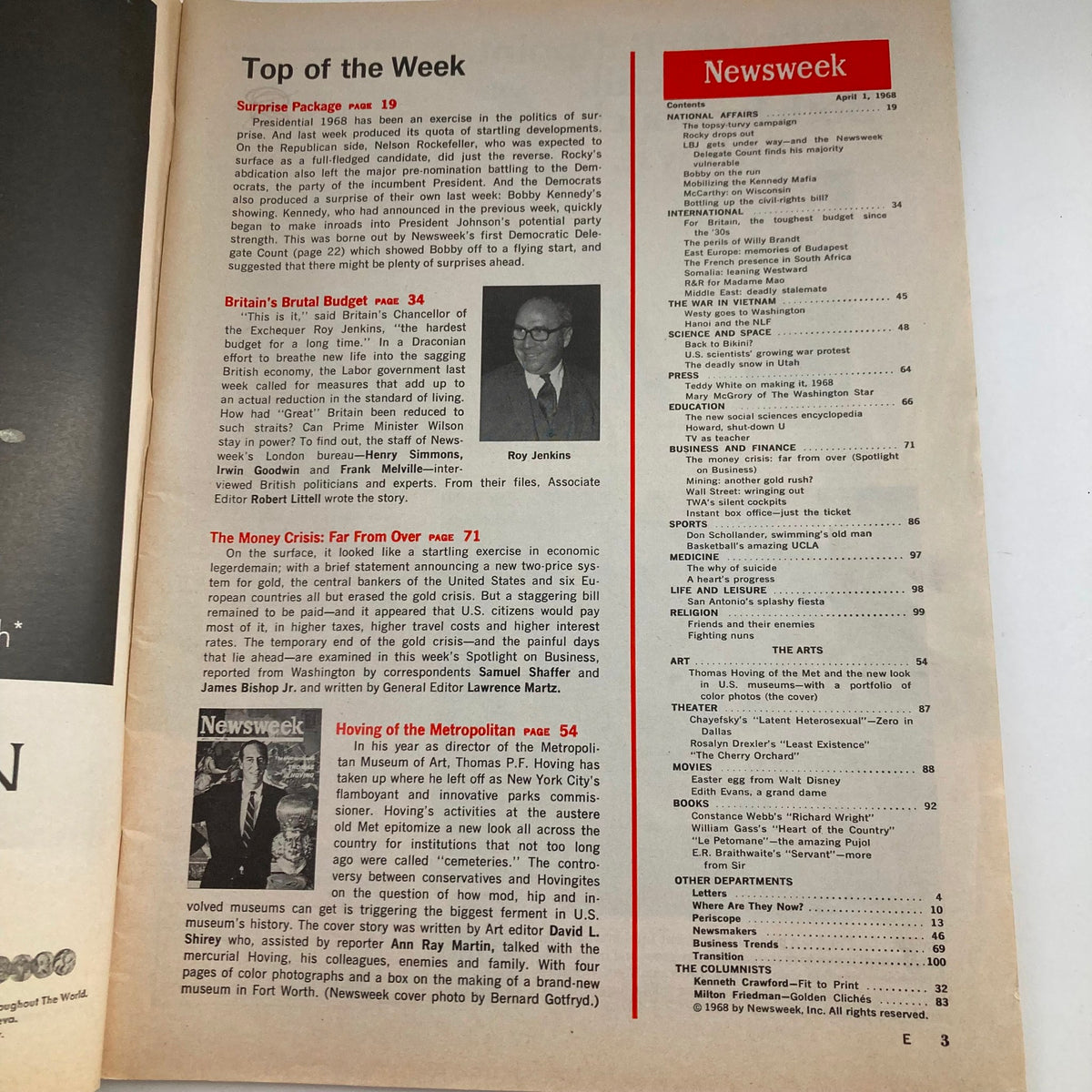 Table of contents page from the April 1, 1968 edition of VTG Newsweek Magazine, highlighting articles including Thomas Hoving of The Metropolitan Museum of Art.