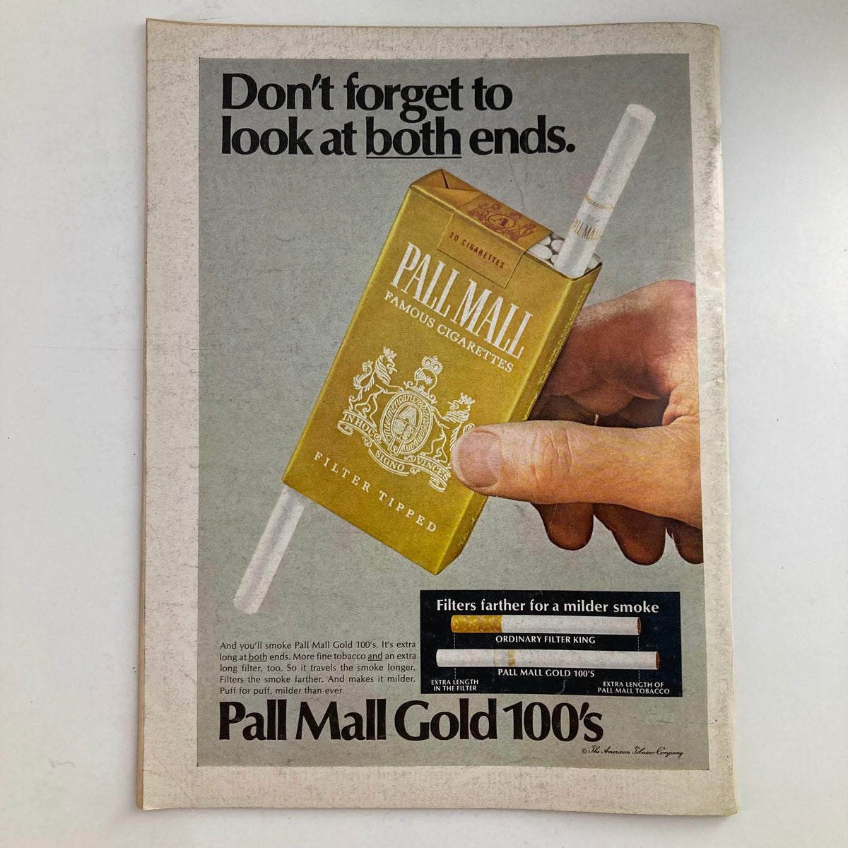 Vintage advertisement for Pall Mall Gold 100's cigarettes featured in the April 1, 1968 VTG Newsweek Magazine.