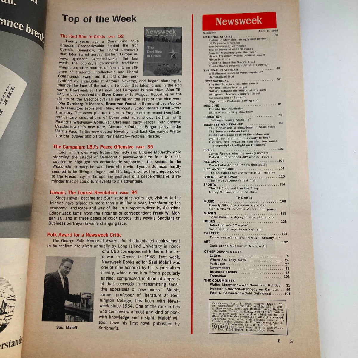 Page from the VTG Newsweek Magazine April 8 1968 detailing article contents and features, including 'The Red Bloc In Crisis', reflecting on important events and figures in the political landscape of that era.