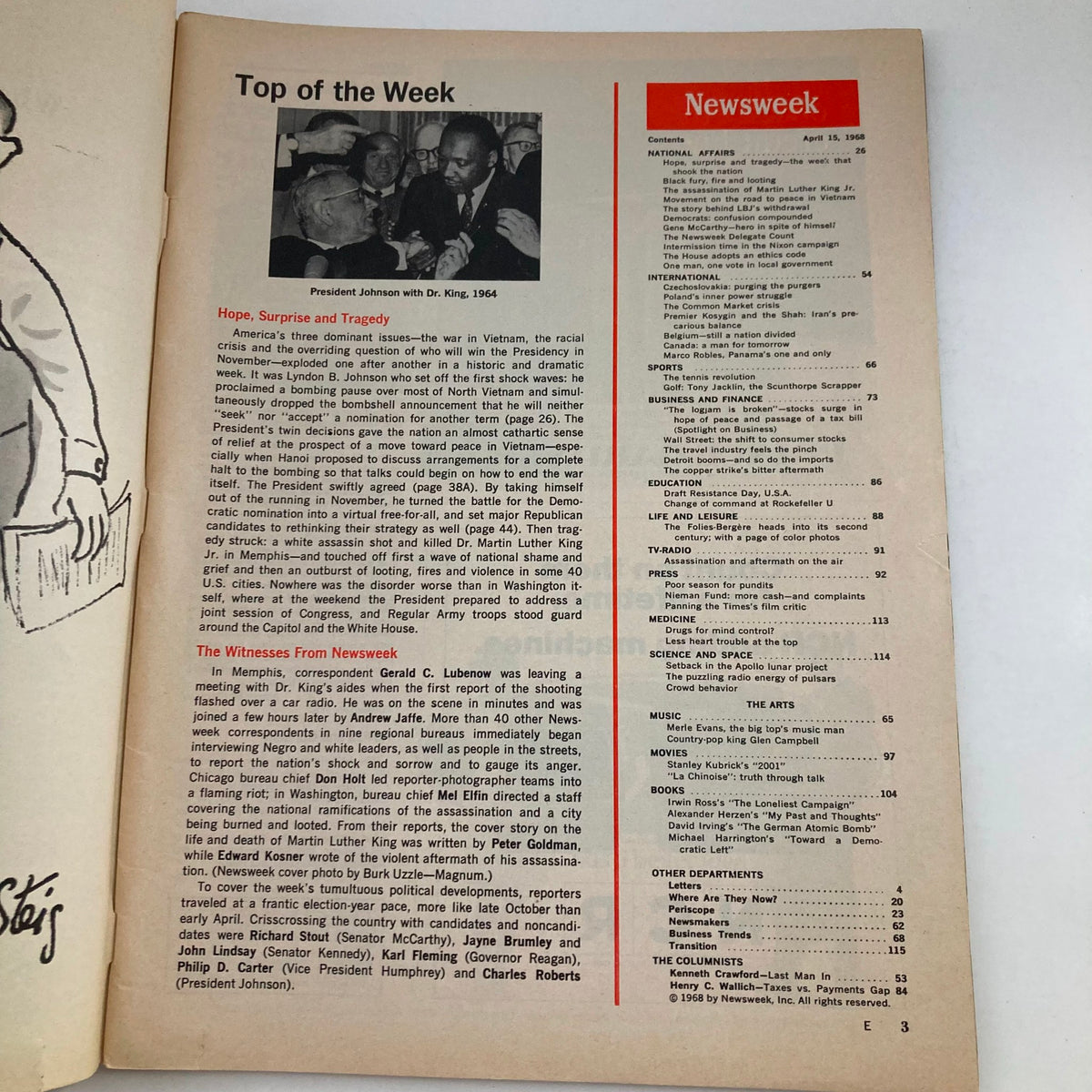 Inside page of the VTG Newsweek Magazine April 15 1968, detailing news articles and topics including the influence of Martin Luther King Jr. and historical context around civil rights.