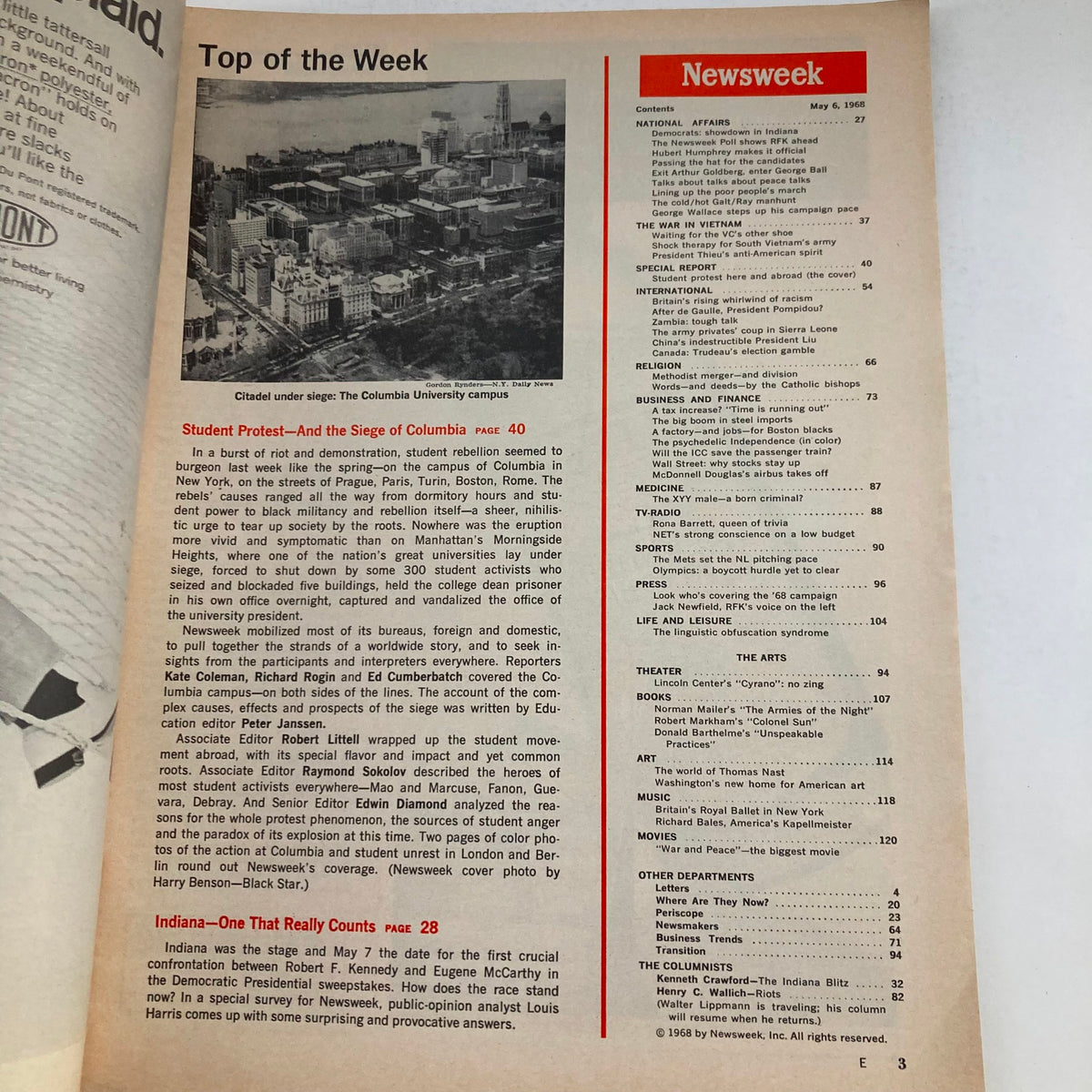 Inside page of VTG Newsweek Magazine May 6 1968 showcasing the Columbia University campus during student protests with contents listed on the side.