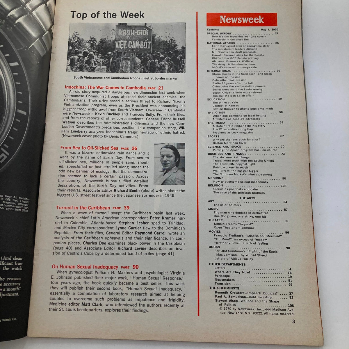Inside page of VTG Newsweek Magazine May 4 1970, showcasing the table of contents and articles related to the Indochina War.