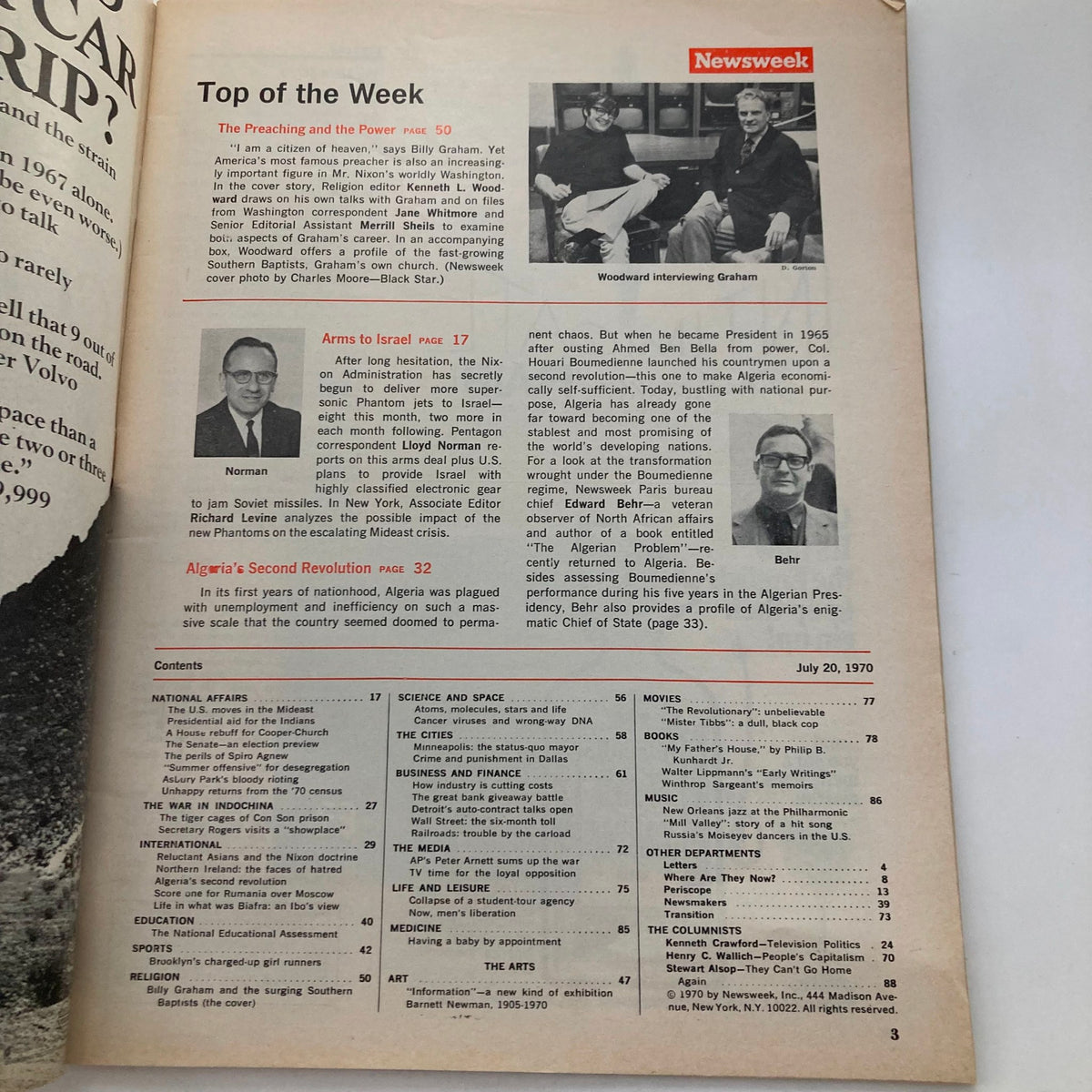 Table of contents page of the VTG Newsweek Magazine from July 20, 1970, highlighting articles including Billy Graham and religious discussions.