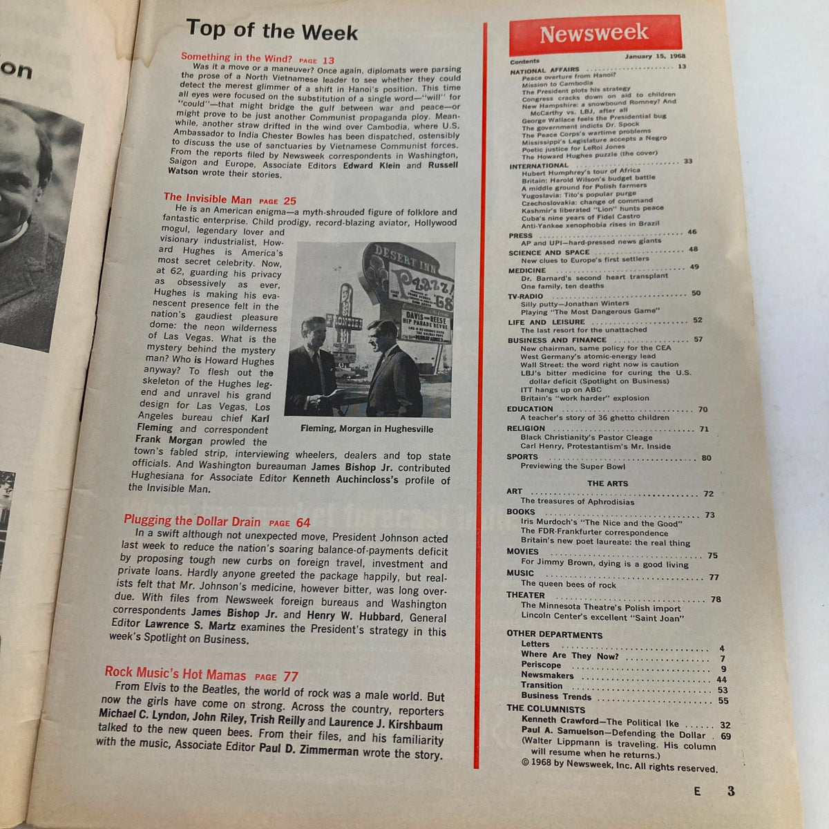 Interior page of VTG Newsweek Magazine January 15, 1968, displaying the contents section and a featured article titled 'The Invisible Man' about Howard Hughes.