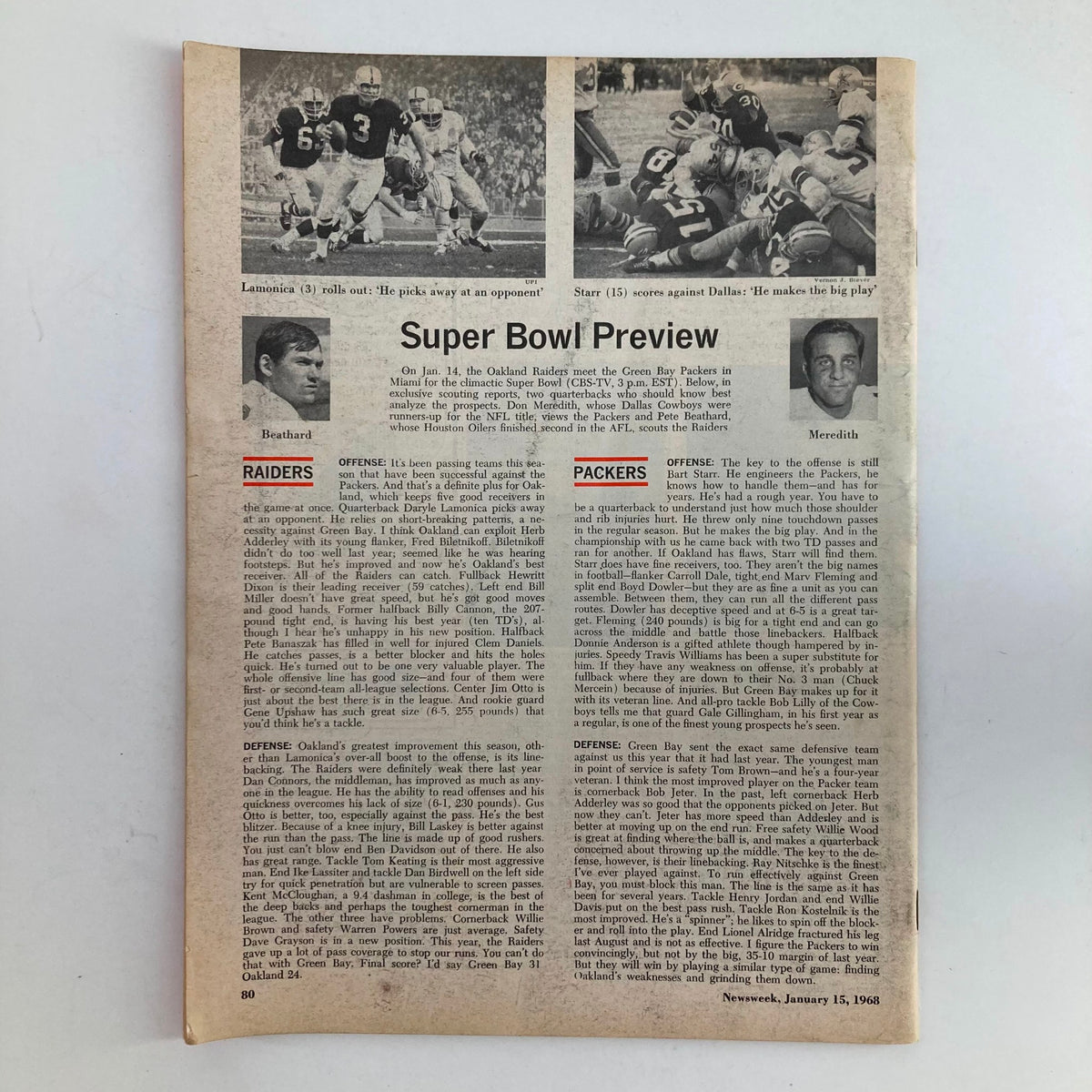 Interior page of VTG Newsweek Magazine January 15, 1968, showing the Super Bowl preview article comparing the Oakland Raiders and Green Bay Packers.