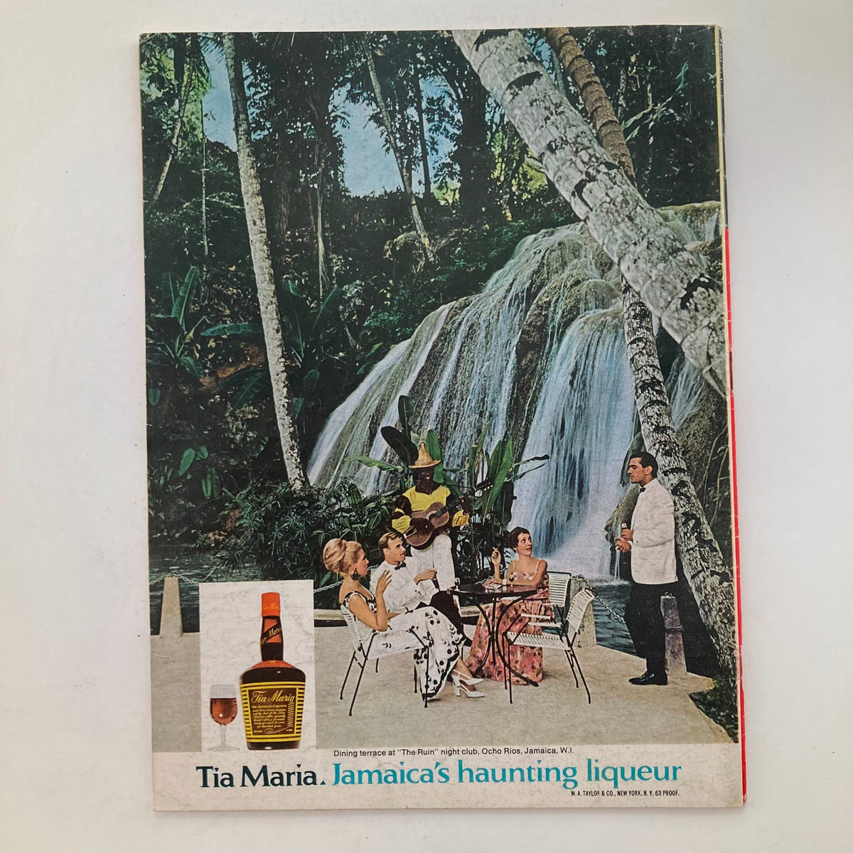 Cover of VTG Newsweek Magazine February 1 1971 showcasing an advertisement for Tia Maria liqueur, depicting a vibrant outdoor dining scene in Jamaica alongside promotional visuals.