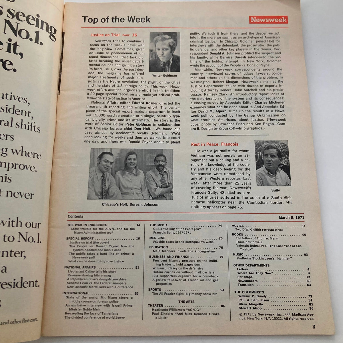 Inside page of VTG Newsweek Magazine March 8 1971 showing the table of contents and article highlights of the 'Justice on Trial' special report.