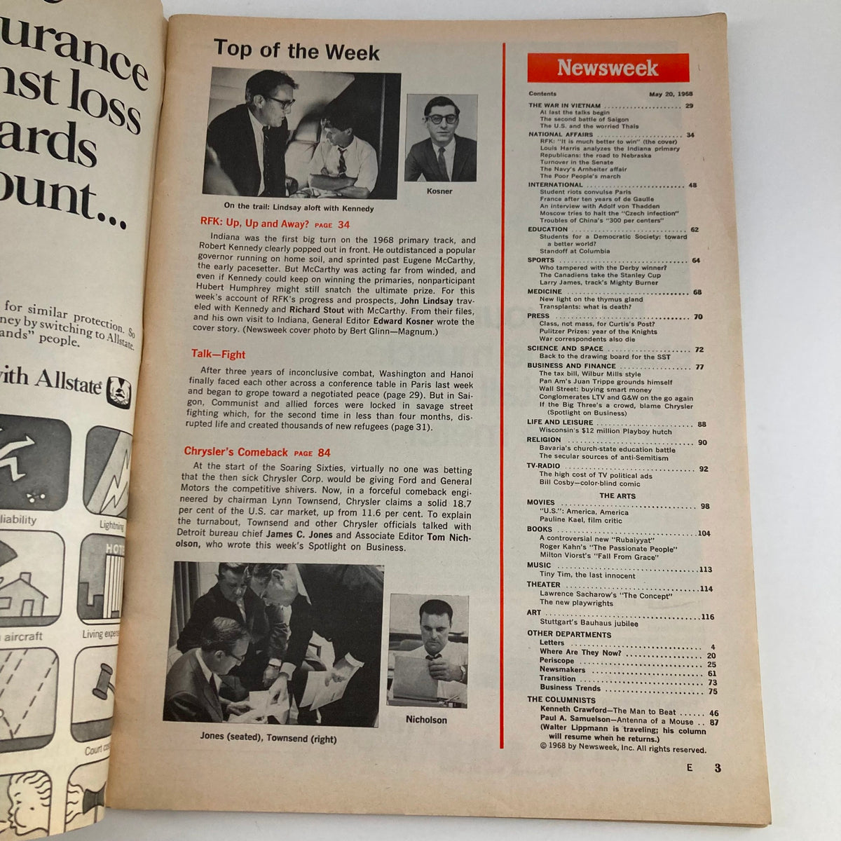 Inside page of VTG Newsweek Magazine May 20 1968 detailing articles including 'RFK: Up, Up and Away?' along with other content features.