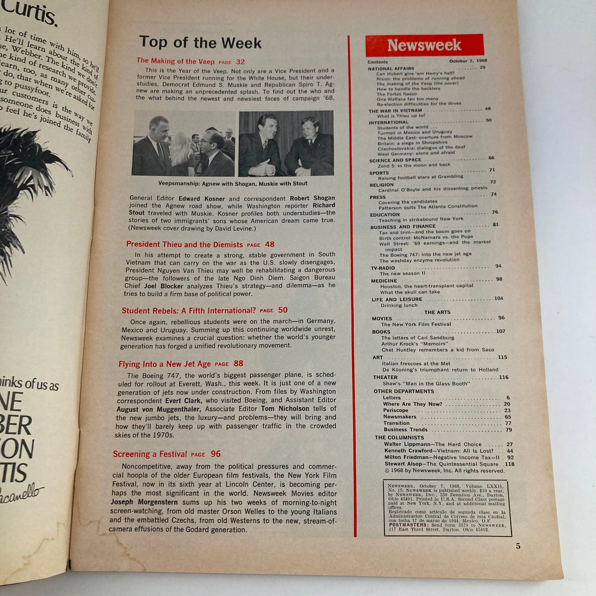 Inside page of the October 7, 1968 issue of Newsweek Magazine showing the table of contents, detailing various political topics of the time, including Muskie and Agnew.