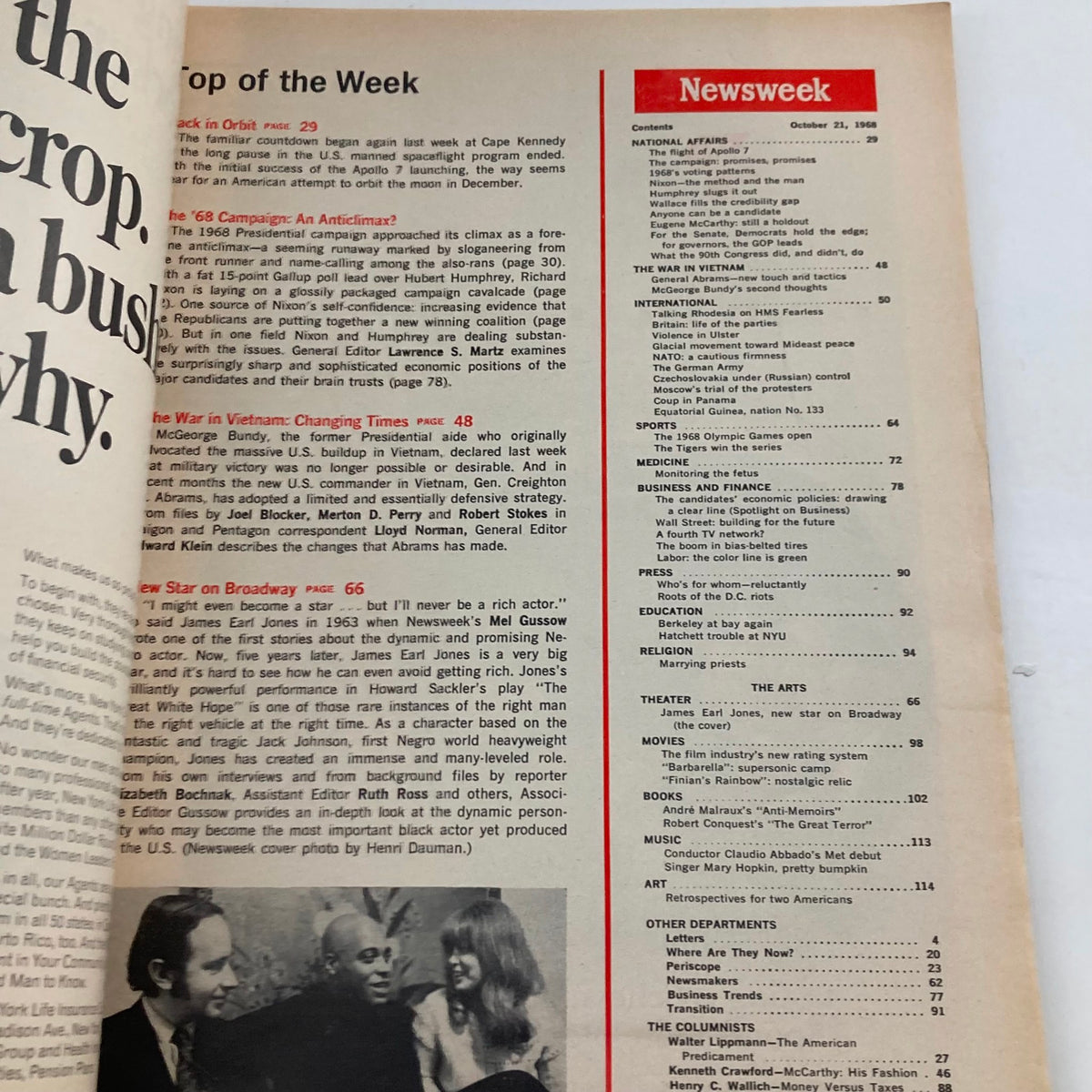 Contents page of the VTG Newsweek Magazine from October 21, 1968 with an article highlighting James Earl Jones as the New Star on Broadway.