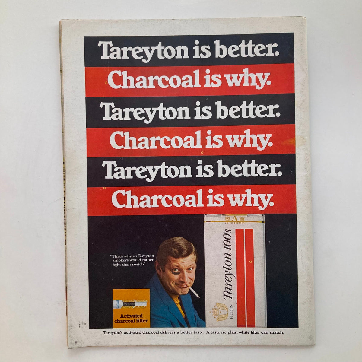 Back cover of the February 8, 1971, Newsweek Magazine featuring an advertisement for Tareyton cigarettes, emphasizing the benefits of its charcoal filter with a vintage design aesthetic.