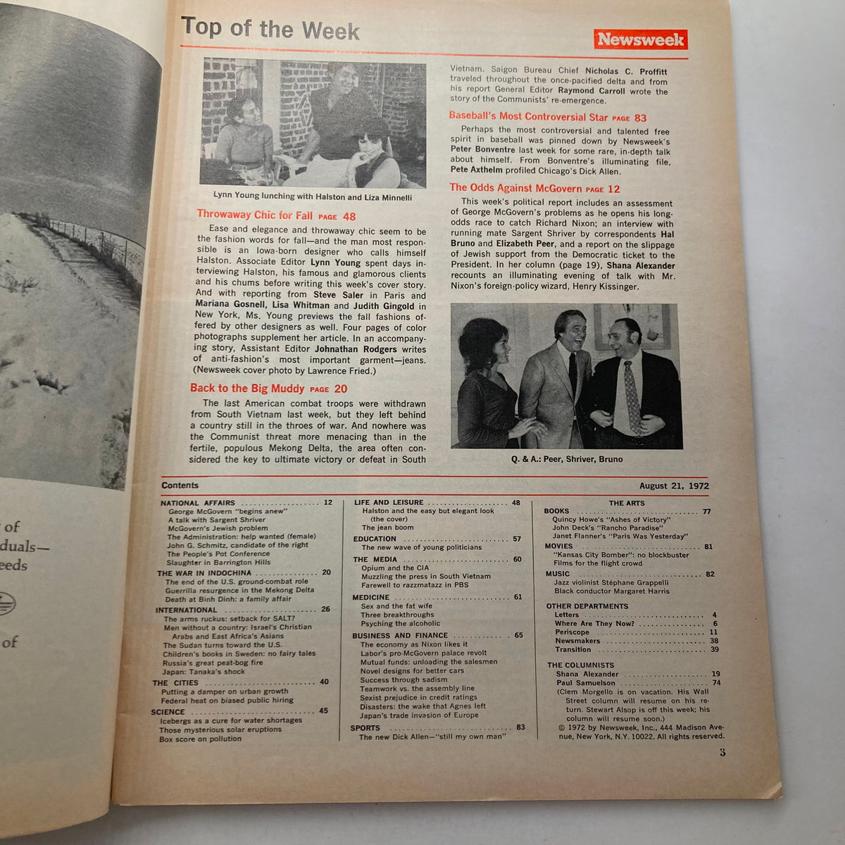 Interior page of VTG Newsweek Magazine August 21, 1972 showcasing a feature on Halston with images of Lynn Young, discussing fall fashion.
