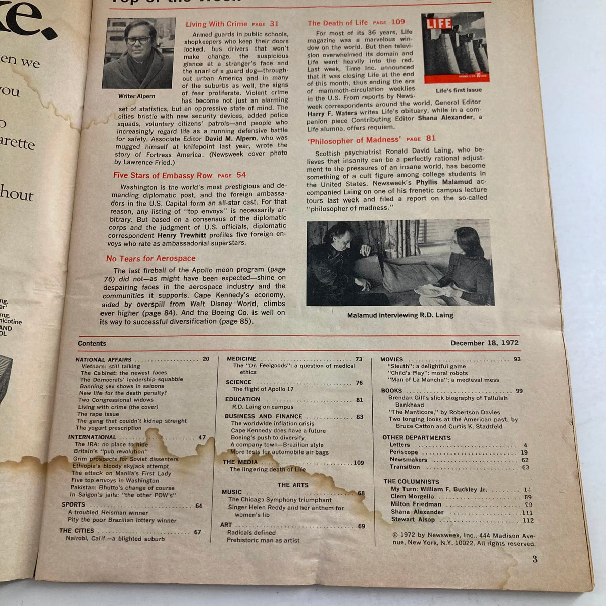 Contents page of the Vintage Newsweek Magazine dated December 18, 1972, listing articles including 'Living with Crime' and various societal topics from that era.