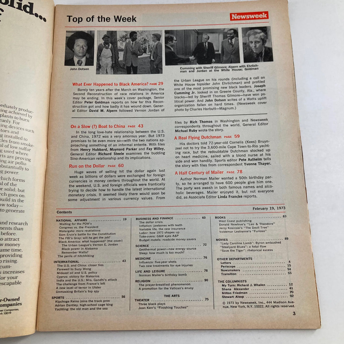 Interior page of VTG Newsweek Magazine February 19 1973 featuring articles and contents including The Urban League's Vernon Jordan.