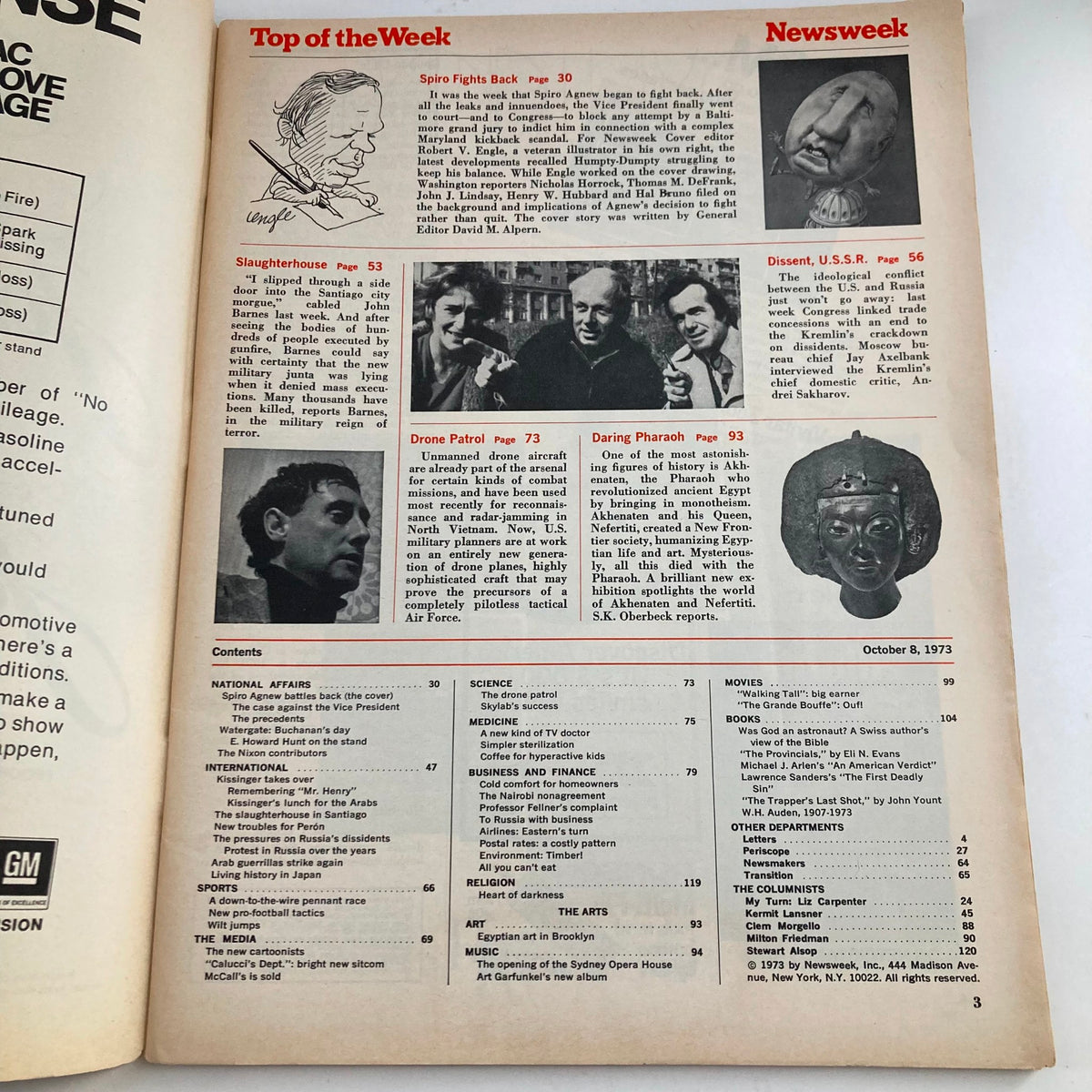 Contents page of the VTG Newsweek Magazine from October 8, 1973, highlighting articles including "Spiro Fights Back" and other significant topics of the week.