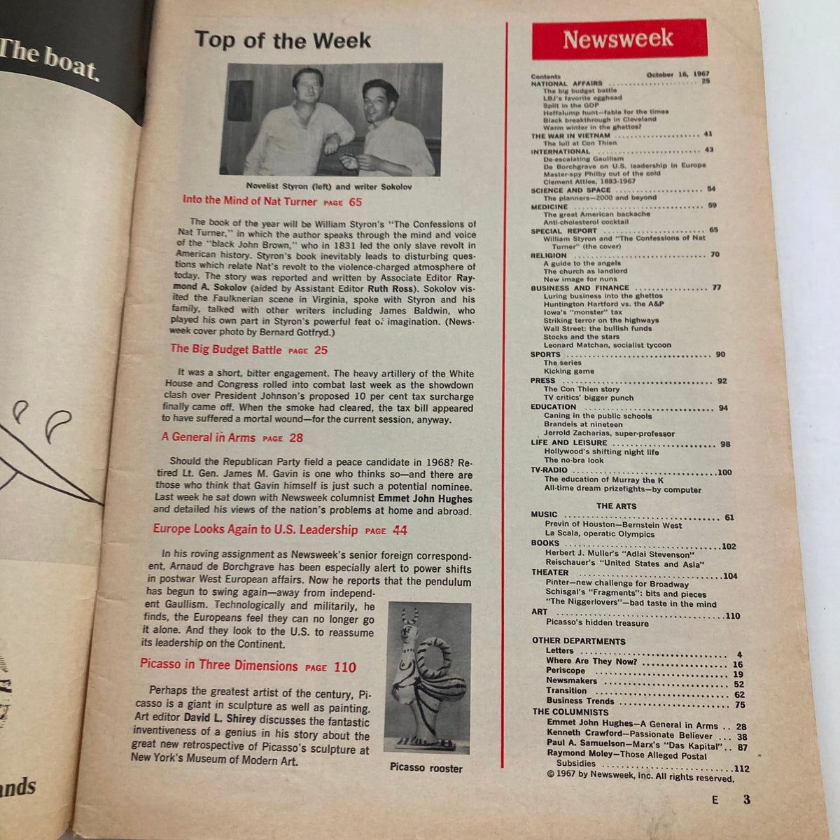 Interior page of the VTG Newsweek Magazine from October 16, 1967 highlighting articles including 'Into the Mind of Nat Turner'.