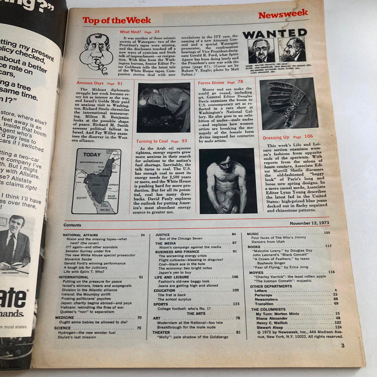 Inside page of VTG Newsweek Magazine November 12 1973 showing the table of contents, highlighting articles on national affairs, business, and social issues surrounding the Watergate scandal.