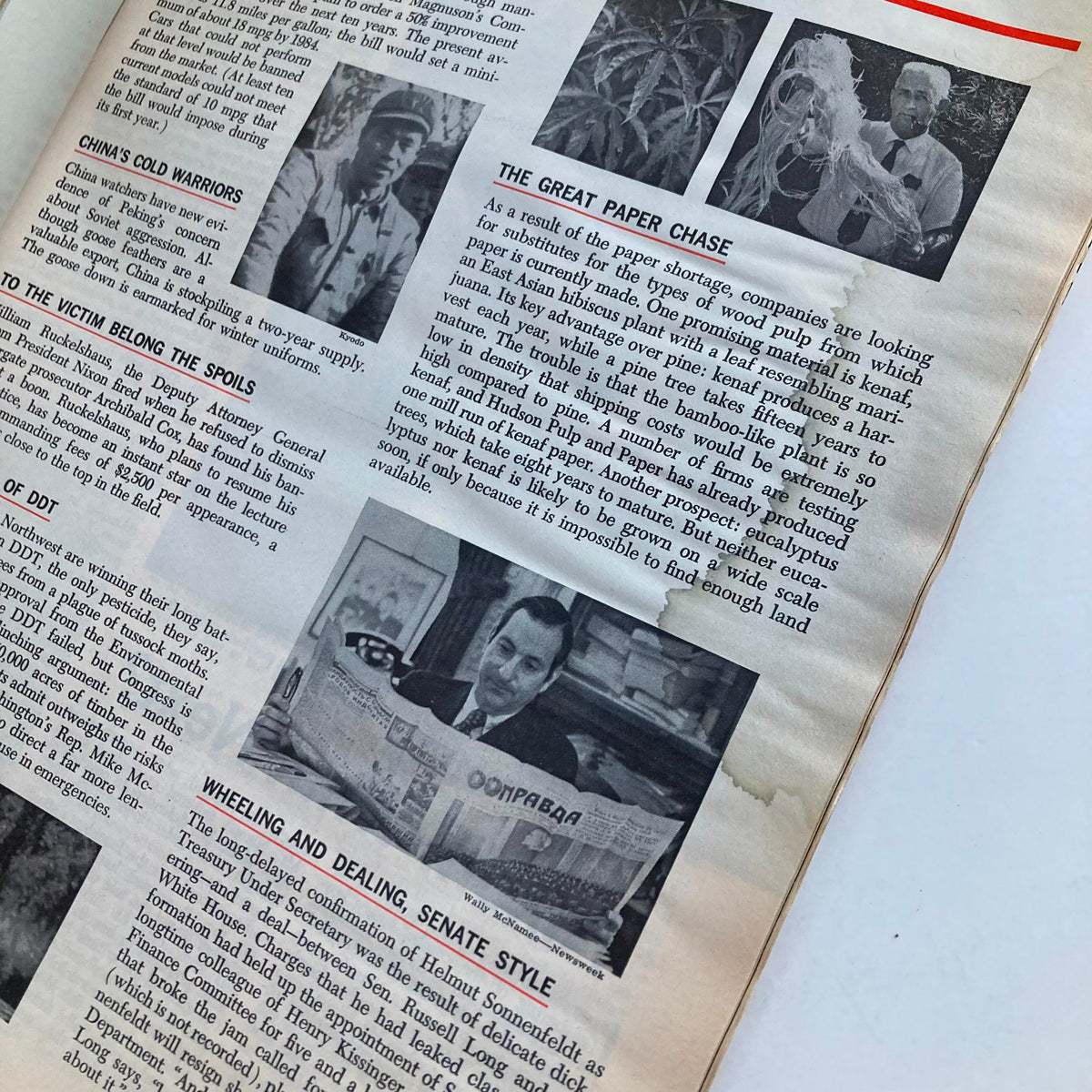 Another page from VTG Newsweek Magazine November 12, 1973, discussing various topics including 'China's Cold Warriors' and the paper market.