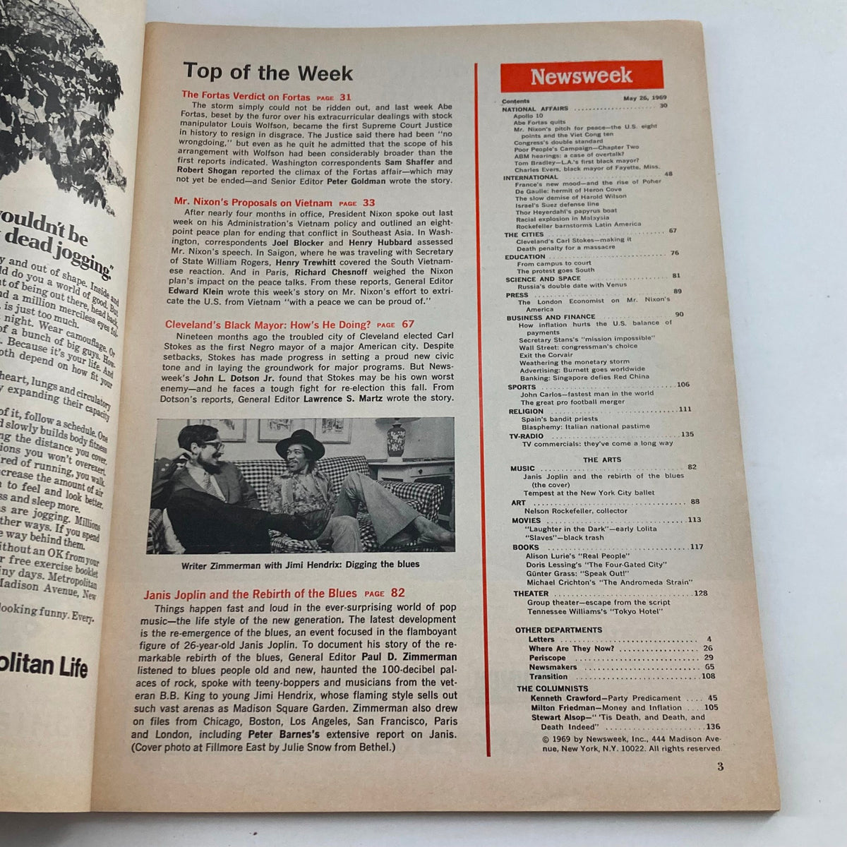 Interior page of VTG Newsweek Magazine May 26 1969 featuring Janis Joplin, including contents and articles about music and cultural events.