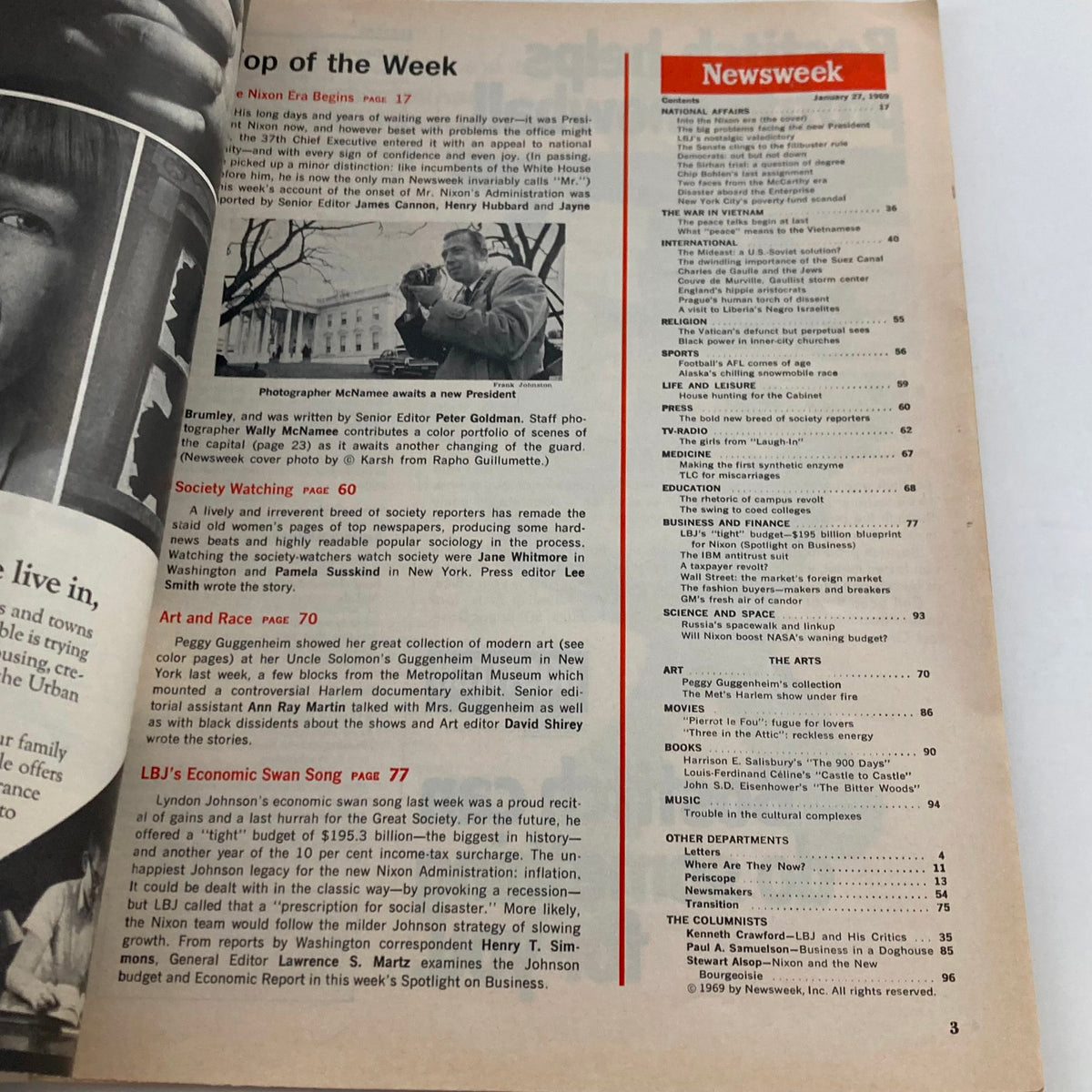 Interior page of VTG Newsweek Magazine January 27 1969 highlighting articles about President Nixon's inauguration and political landscape.