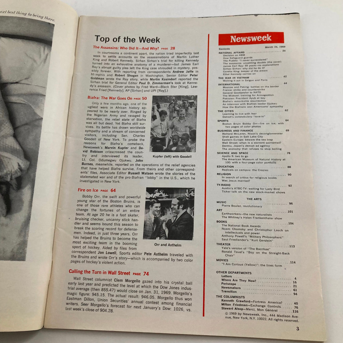 Newsweek Magazine March 24 1969 interior page featuring the contents and articles including a discussion on Martin Luther King and Robert Kennedy.