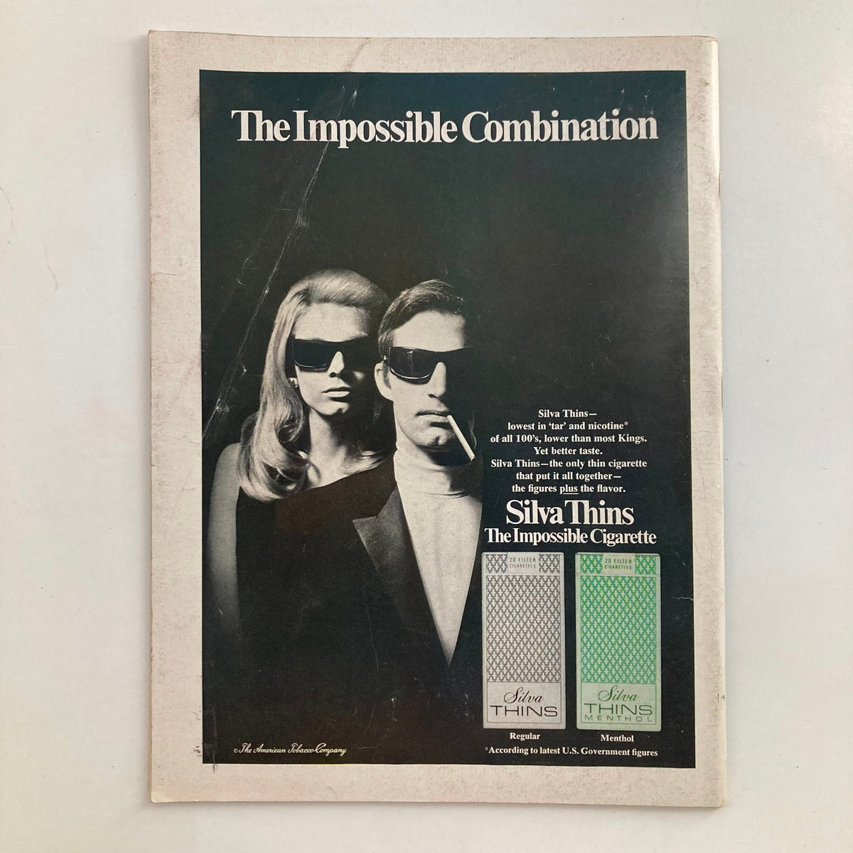 Newsweek Magazine March 24 1969 advertisement for Silva Thins cigarettes featuring a stylish couple in sunglasses with the tagline 'The Impossible Combination'.