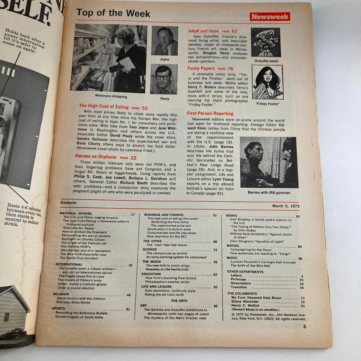 Inside page of VTG Newsweek Magazine March 5, 1973, showcasing the table of contents including 'The High Cost of Eating' and 'Whitmore Shopping' segments.