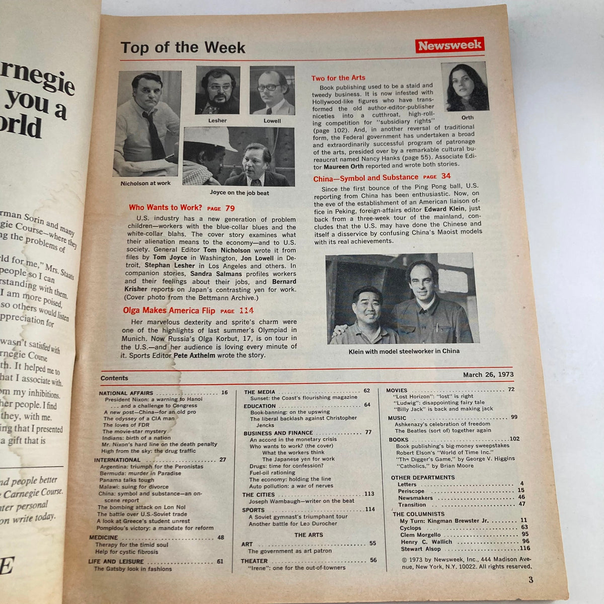 Inside page of the Newsweek magazine from March 26, 1973 titled 'Who Wants To Work? Boredom on the Job,' featuring various articles and a contents section that reflects workplace culture in the early 1970s.