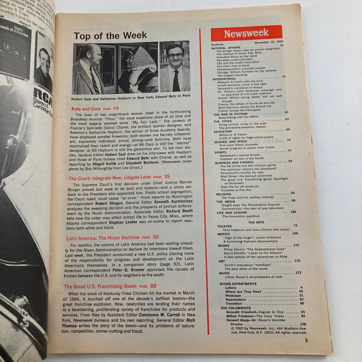 Page from VTG Newsweek Magazine November 10 1969 featuring the title 'Top of the Week' and articles including updates on Katharine Hepburn's Broadway return and other cultural highlights.
