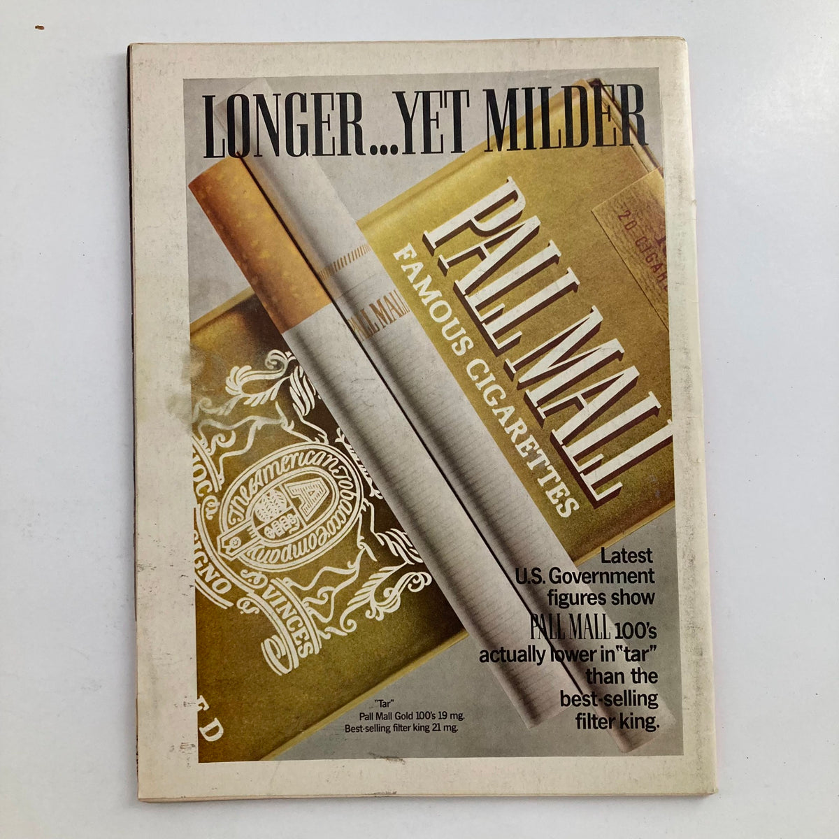 Cover image of the VTG Newsweek Magazine from November 24, 1969, featuring an advertisement for Pall Mall cigarettes, highlighting their tagline 'Longer... Yet Milder' and detailing U.S. government figures on tar content comparison.
