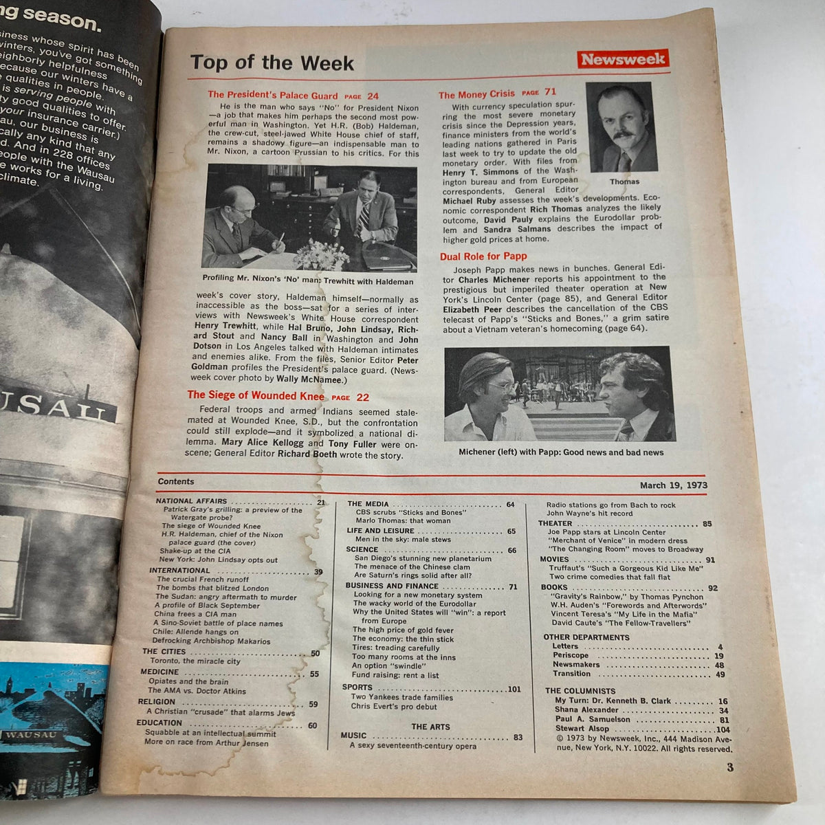 Interior page of VTG Newsweek Magazine from March 19, 1973 featuring contents and articles on political topics including H. R. 'Bob' Haldeman.