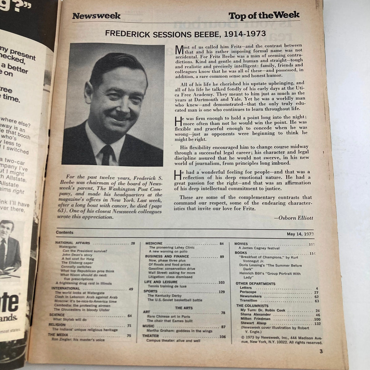 Inside page of VTG Newsweek Magazine May 14 1973 featuring a tribute to Frederick Sessions Beebe, showcasing his contributions and photograph. An insightful peek into journalism and history.