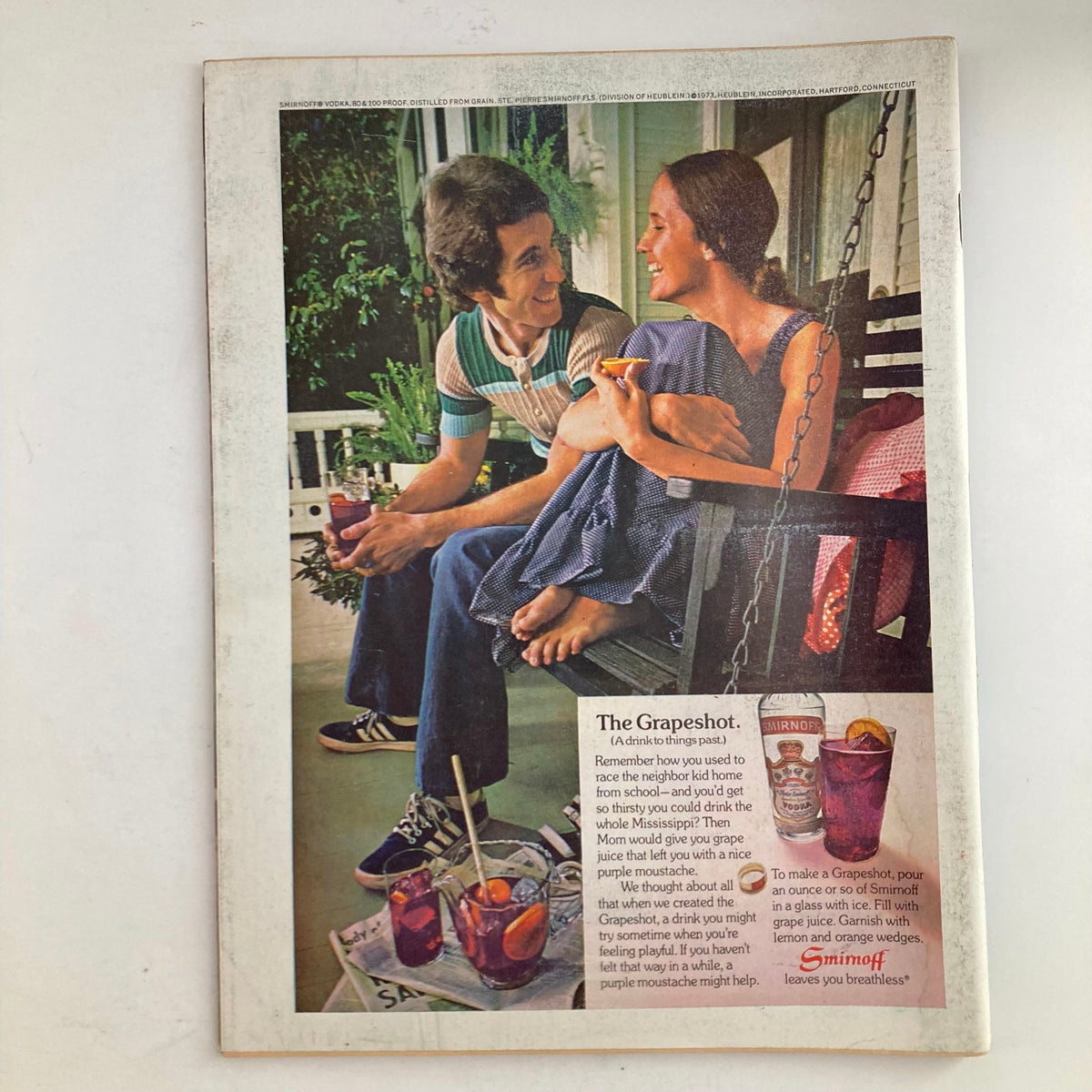 Back cover of VTG Newsweek Magazine May 14 1973 displaying a vibrant image of a couple enjoying drinks with a recipe for 'The Grapeshot', reflecting 1970s culture.
