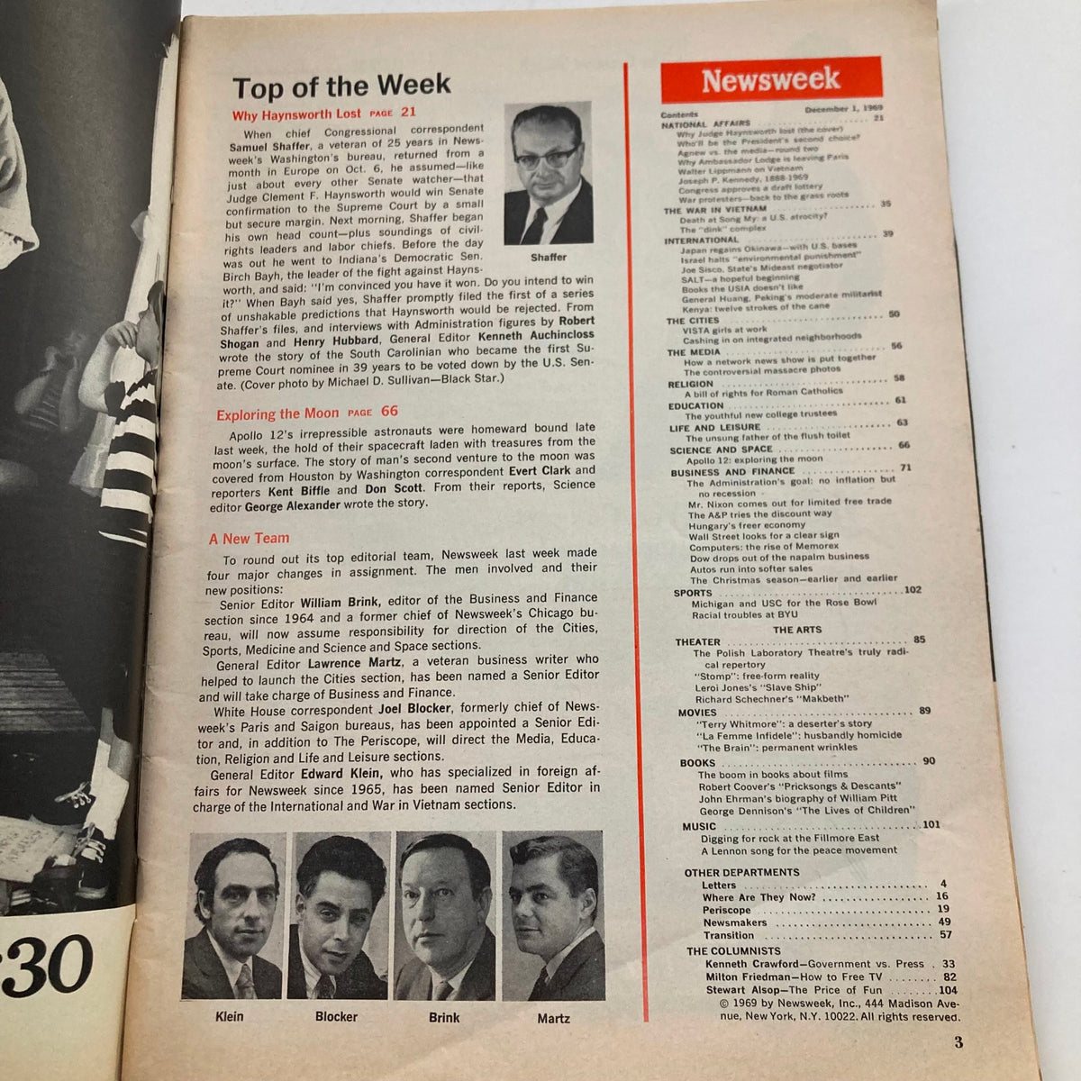 Inside page of VTG Newsweek Magazine December 1 1969 featuring an article on Clement Haynsworth and editorial team changes, showcasing a vintage publication's historical significance.