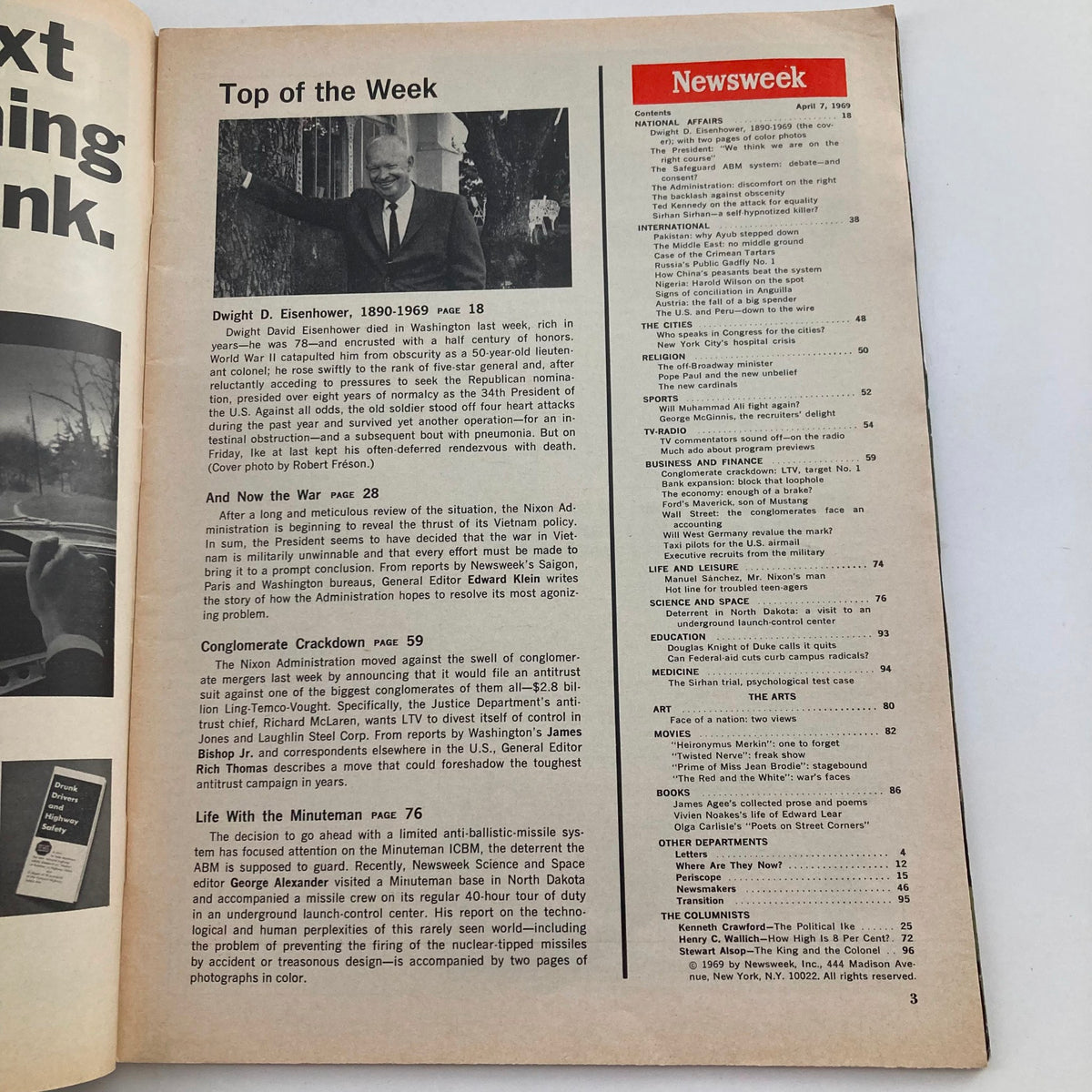 Inside page of VTG Newsweek Magazine April 7 1969 highlighting an article about Dwight D. Eisenhower, detailing his contributions and impact on American history.