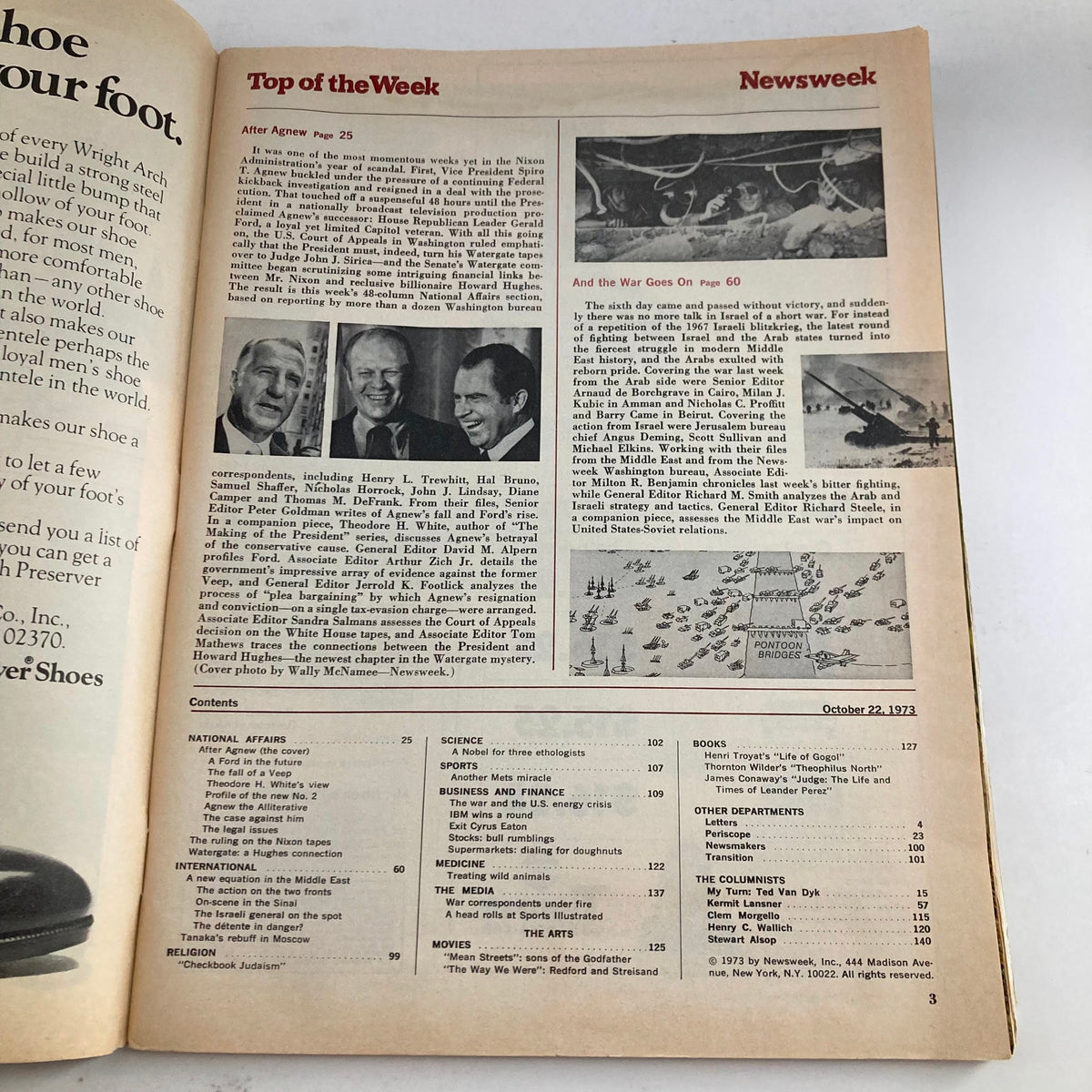 Inside page of VTG Newsweek Magazine October 22 1973, showcasing articles on Nixon and Ford, with images of key political figures from the era.