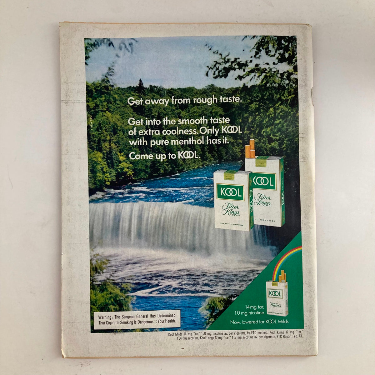 Back cover of VTG Newsweek Magazine October 22 1973, featuring an advertisement for KOOL menthol cigarettes amidst a scenic waterfall backdrop.