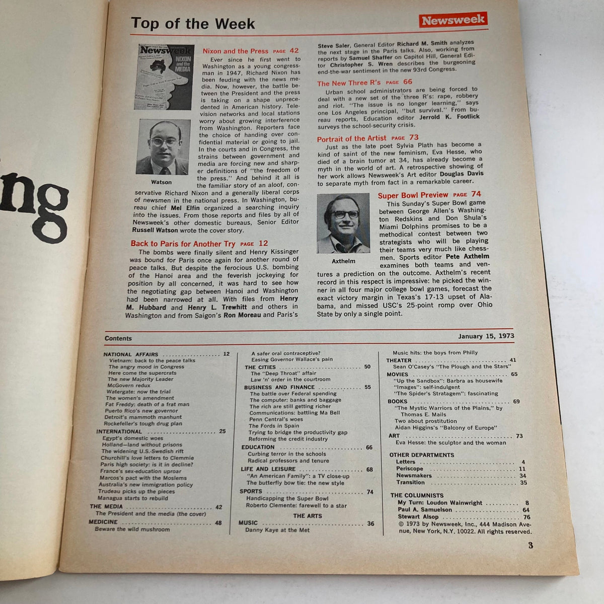 Interior page of VTG Newsweek Magazine January 15 1973 showcasing the contents, including the feature on Nixon and the Press, highlighting significant articles and topics relevant to the era.