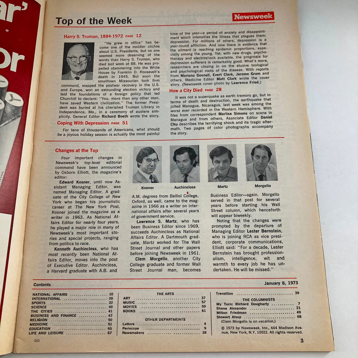 Contents page of VTG Newsweek Magazine January 8, 1973 highlighting articles about Harry S. Truman and Coping with Depression.