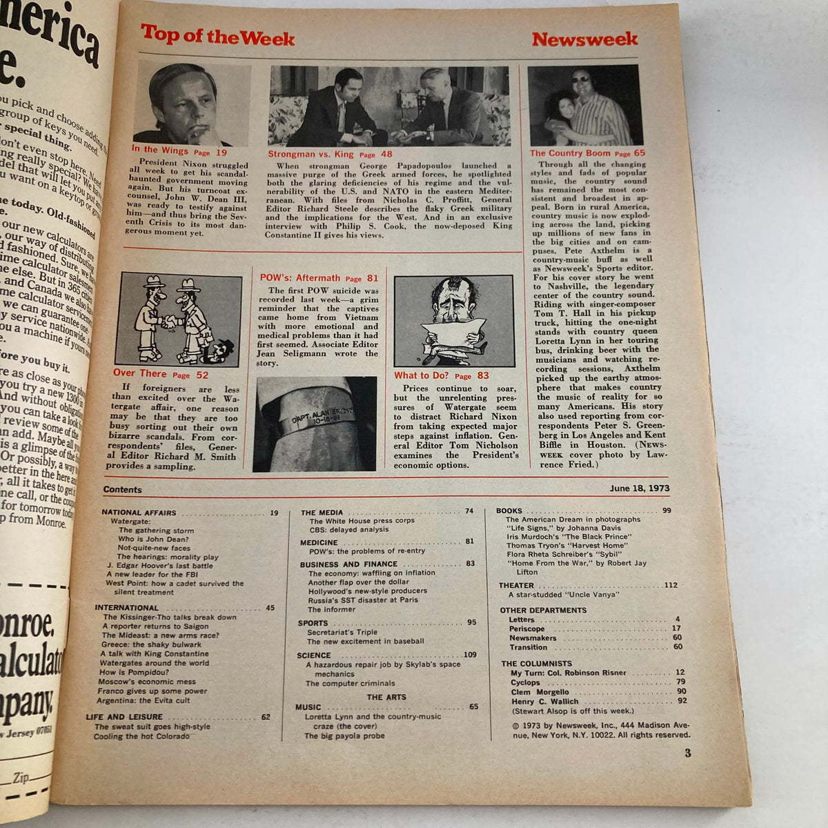 Inside page of VTG Newsweek Magazine June 18 1973 featuring contents listing with articles about Loretta Lynn and the country music scene.