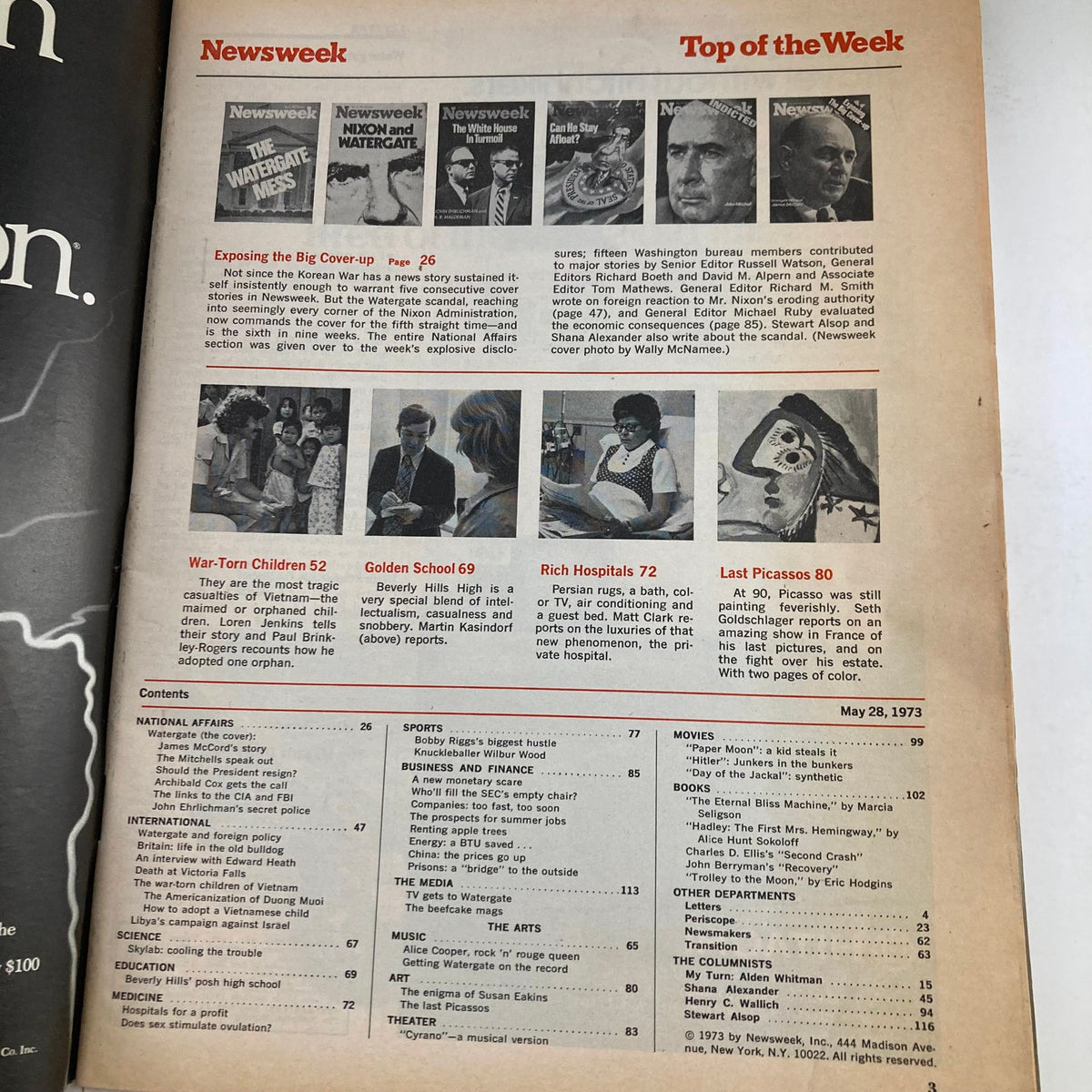 Interior page of VTG Newsweek Magazine May 28 1973 featuring contents and articles on Watergate witness James McCord.